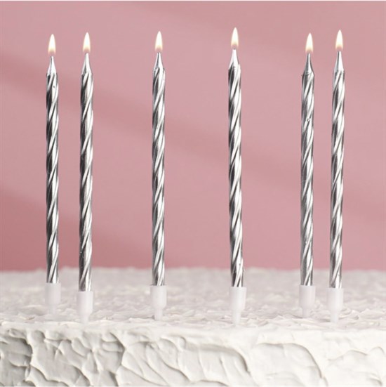 Свечи в торт витые с подставкой, 6 шт, 14 см, серебристые, 3006919 - фото 10386