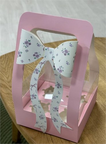 #311 Коробка для кексов и маффинов на 4 ячейки с бантом, розовая 18,5х18х32 ХМ-1825 - фото 14471