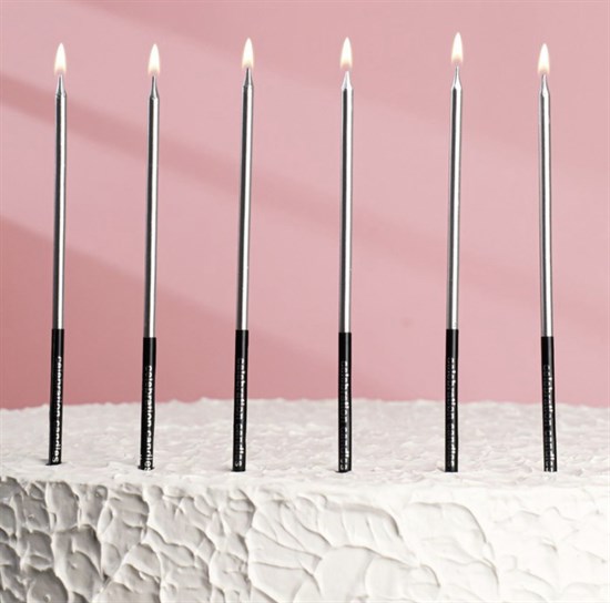 Свечи в торт "С днём рождения" 6 шт, 16 см, Серебро с чёрным - фото 7377